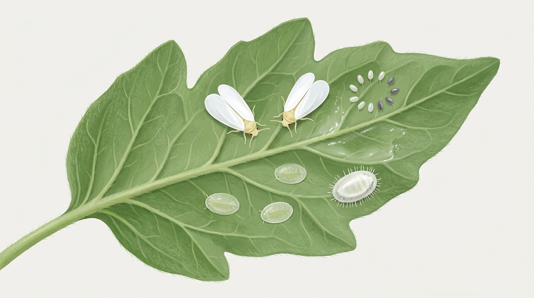 Développement de l'aleurode sur la face inférieure d'une feuille de tomate : adultes aux ailes blanches, œufs en cercle, larves plates et chrysalide avec des fils de cire