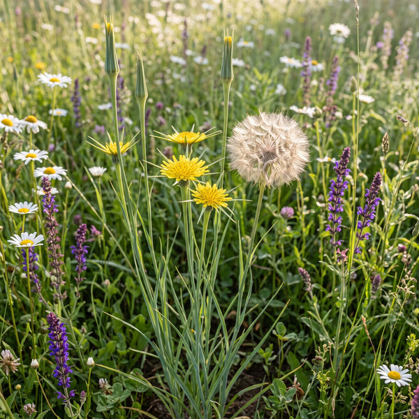 Wiesen-Bocksbart (Tragopogon pratensis) in Blüte im naturnahen Garten (KI-generiert)