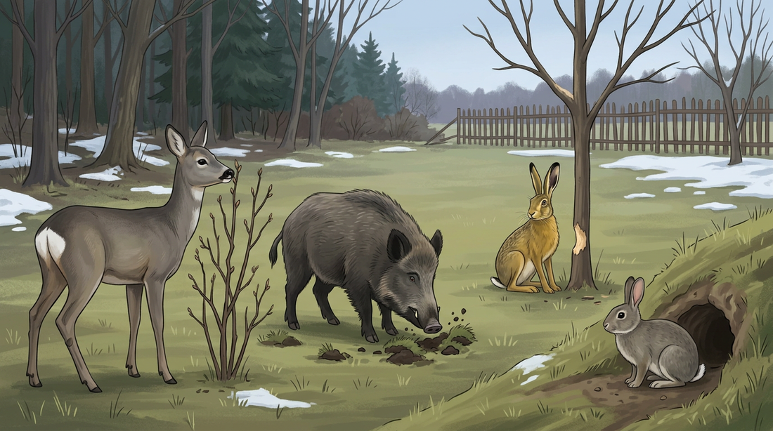 Jardin en lisière de forêt au crépuscule : un cerf grignote un jeune buisson, un sanglier déterre la pelouse, un lièvre brun s'assoit à côté d'un jeune arbre fruitier et un lapin sauvage devant son terrier