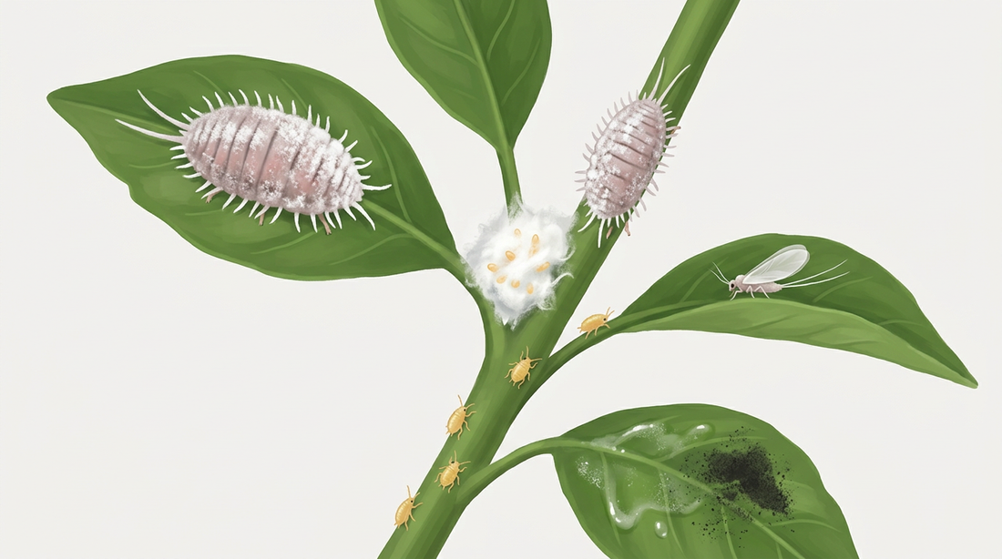 Cochenilles sur une pousse de plante : femelles poudrées avec des fils de cire, sac à œufs à l'aisselle de la feuille, petites larves jaunâtres, un mâle ailé ainsi que du miellat et de la fumagine