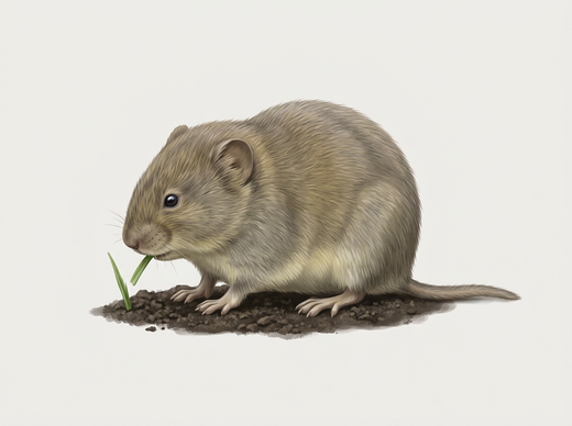 Un mulot à fourrure gris-brun jaunâtre, de petites oreilles et une queue courte mange un brin d'herbe
