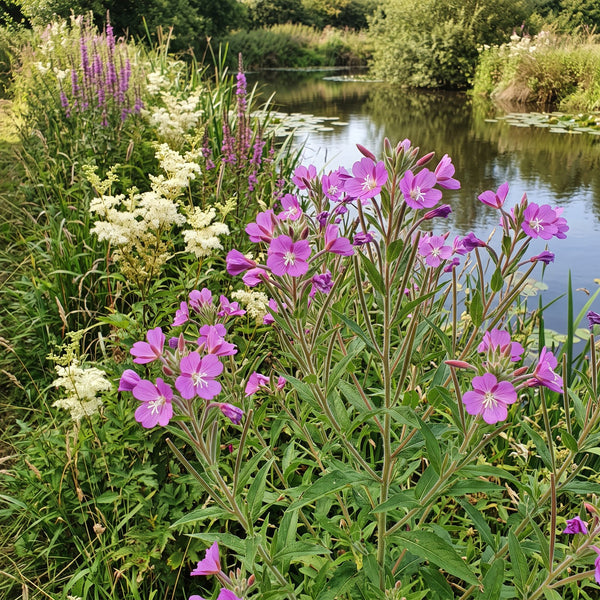 Zottiges Weidenröschen (Epilobium hirsutum) in Blüte im naturnahen Garten (KI-generiert)